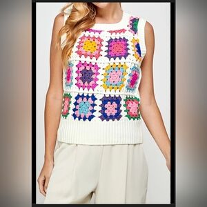 See And Be Seen Granny Square Crochet Vest Ivory Multicolor Womens Large
